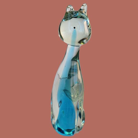Vintage 1980s Murano Italy Clear Glass Cat with Blue - Picture 1 of 6